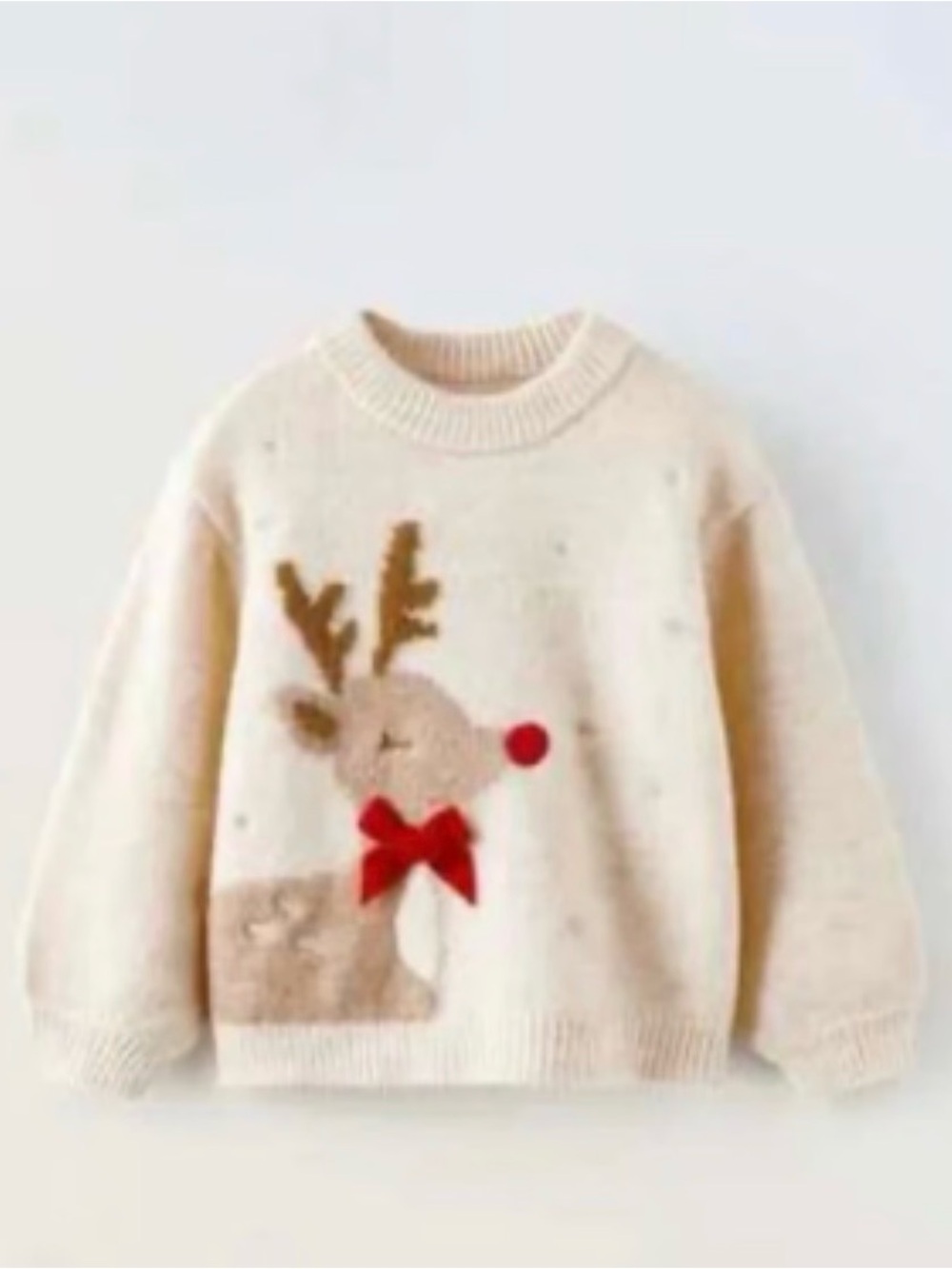 Like New Zara Kids Cream Reindeer Knit Sweater with Red Bow